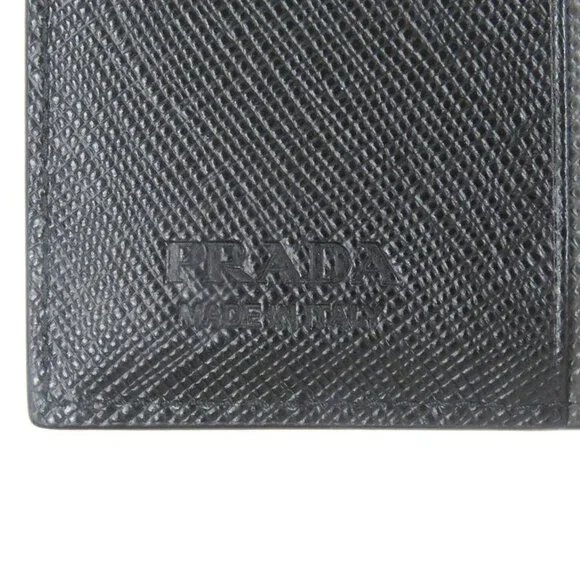 Prada 2 Mo004 Logo Plate Saffiano Martic Leather Bifold Card Case Billfold Nero - Picture 7 of 9